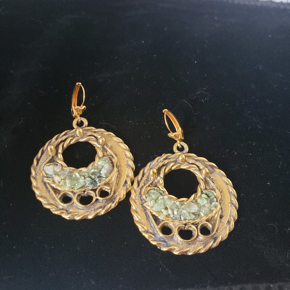 Vintage Jade and Gold Tone Leverback Earrings